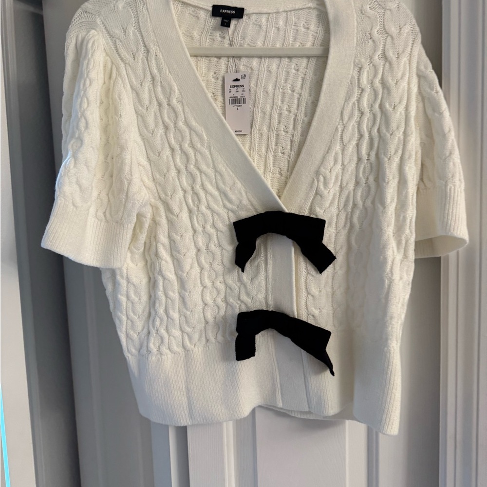 NWT Express Ivory Cable Knit Cardigan with Black Bows